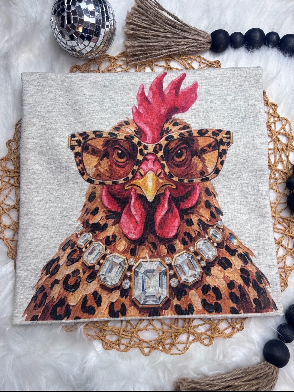 Glitz glam boujee leopard chicken rhinestone necklace graphic tunic top tee top